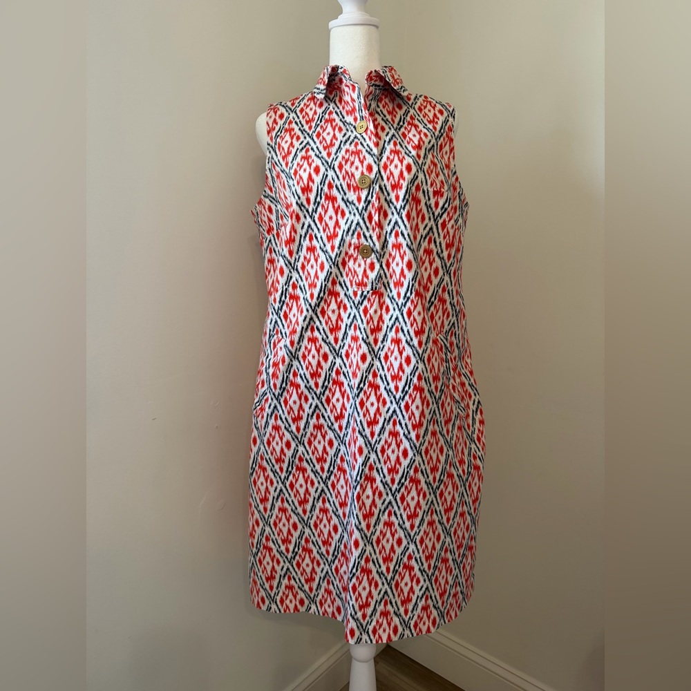 Lands End Womens Size 12 Sleeveless Cotton Dress  Red Navy Gold Buttons Collared